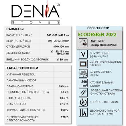 Печь-камин Denia Panoramic + Stove Bench Амазонка бай фото в Барановичах