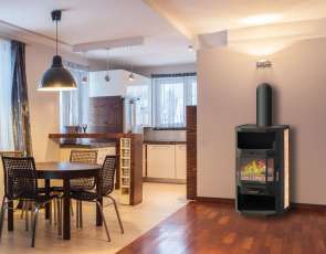 Недорогой стальной камин со стеклом Мета-Бел Ангара фото в интерьере в Барановичах