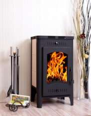 Стальной камин со стеклом Бавария Оптима с плитой фото в интерьере в Барановичах