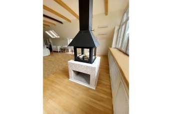 Стальной камин Эклипс островной 4D графит фото в интерьере в Барановичах