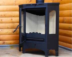 Стальной камин со стеклами Бавария панорама угловая фото в интерьере в Барановичах