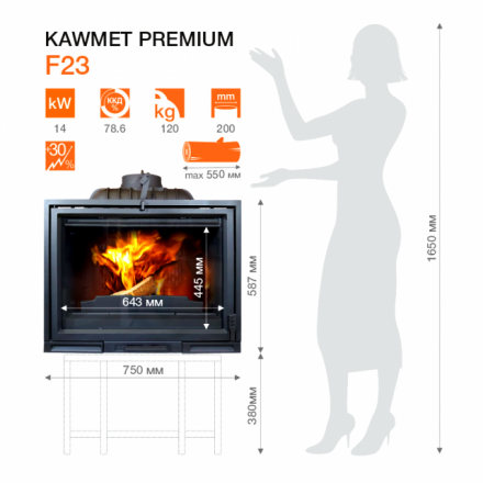 Каминная топка Kawmet Premium F23 (14 кВт) в Барановичах