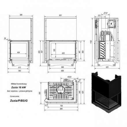 Каминная топка Kratki Zuzia/P/BS/G (угловое стекло справа,гильотина) в Барановичах