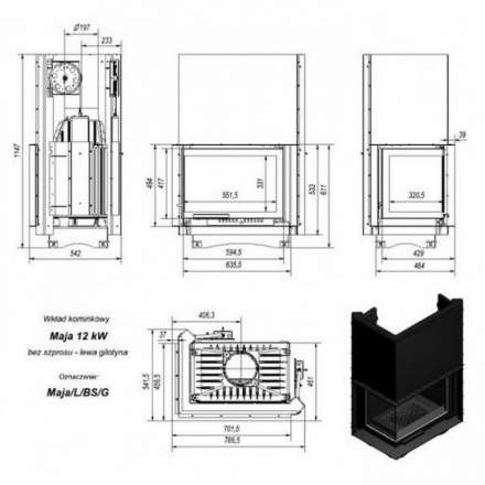 Каминная топка Kratki Maja/L/BS/G (угловое стекло слева, гильотина) в Барановичах