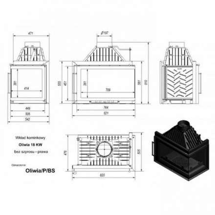 Каминная топка Kratki Oliwia/P/BS (угловое стекло справа) в Барановичах