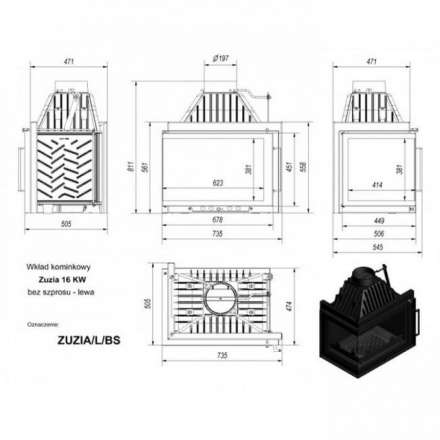 Каминная топка Kratki Zuzia/L/BS (угловое стекло слева) в Барановичах