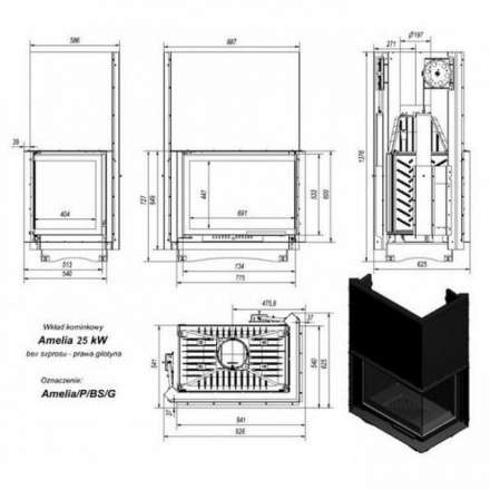 Каминная топка Kratki Amelia/P/BS/G (угловое стекло справа, гильотина) в Барановичах