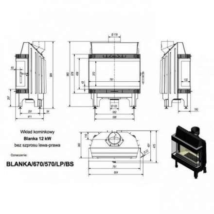 Каминная топка Kratki Blanka 670/570/LP/BS (угловое стекло слева-справа) в Барановичах